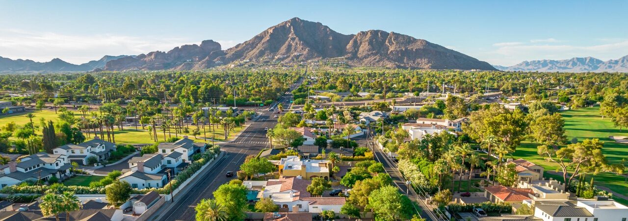Aerial view of the Arcadia neighborhood of Phoenix with Camelback Mountain in the distance.