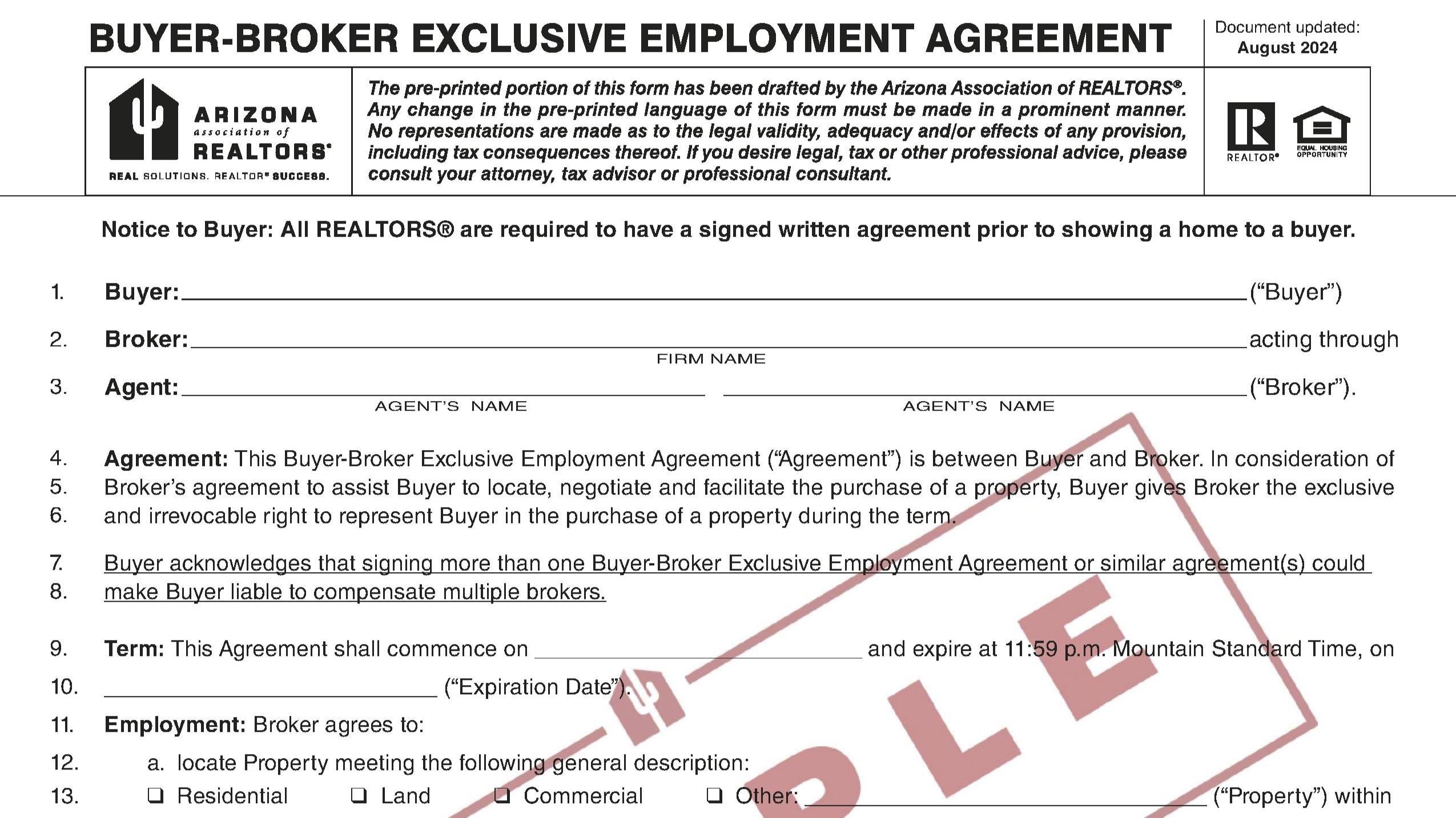 A sample of a "Buyer-Broker Exclusive Employment Agreement" form from the Arizona Association of Realtors, showing fields for buyer's and broker's information, terms, and dates, marked with a "SAMPLE" overlay.